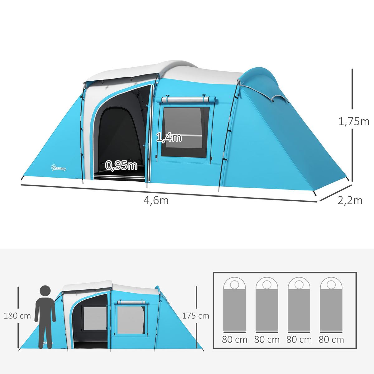 Outsunny Familien-Campingzelt 3-4 Personen 2 Schlafzimmer 4 Türen und 4 Fenstern, Transporttasche, Abmessungen 460L x 220B x 175H cm