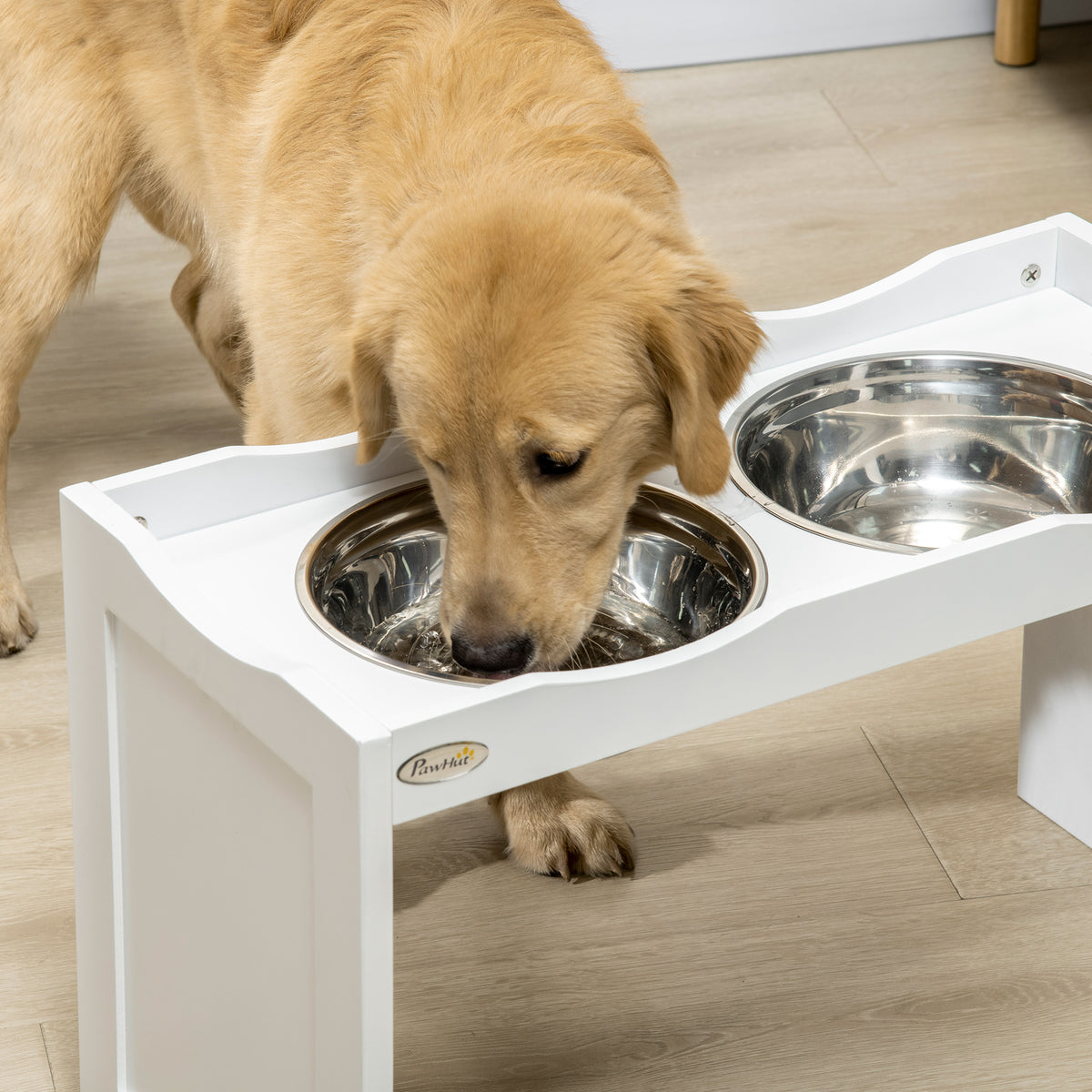PawHut Futterstation, Napfständer, 2 Fressnäpfe je 2 Liter, Edelstahl, für große Hunde, weiß, 63 x 30 x 24cm