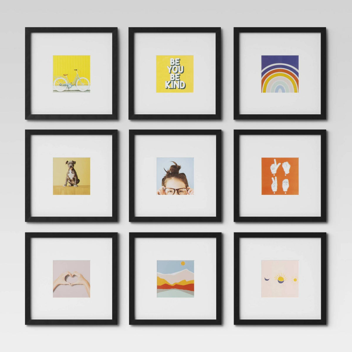 Set of 9 Gallery Frame Set 10" x 10" Matted to 5" x 5" Black - Room Essentials