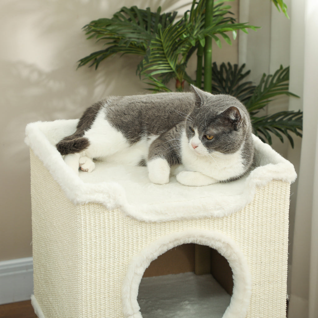 PawHut Innenturm für Katzen mit 3 Ebenen, Katzenturm mit Sisal-Kratzpfosten, 41 x 41 x 75,5 cm, Creme