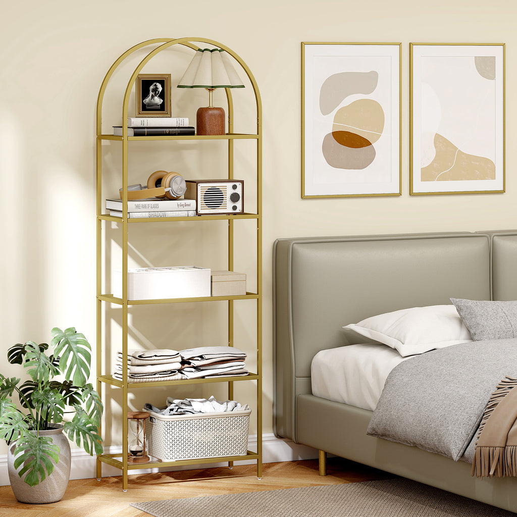 HOMCOM Regal mit 5 Regalen aus Stahl und Gehärtetem Glas, 60x30x175 cm, Gold