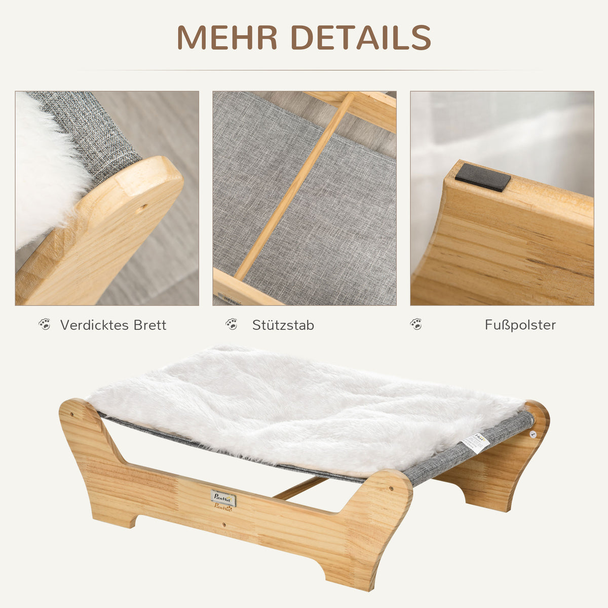 PawHut Katzenbett mit Gestell Hängematte für Katzen erhöhtes Katzennest mit weichem Kissen Kiefernholz Natur 68 x 43 x 20 cm