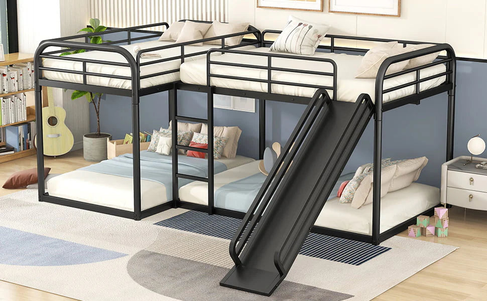 Full and Twin Size L - Shaped Quadruple Metal Bunk Bed with Slide for Kids, Black