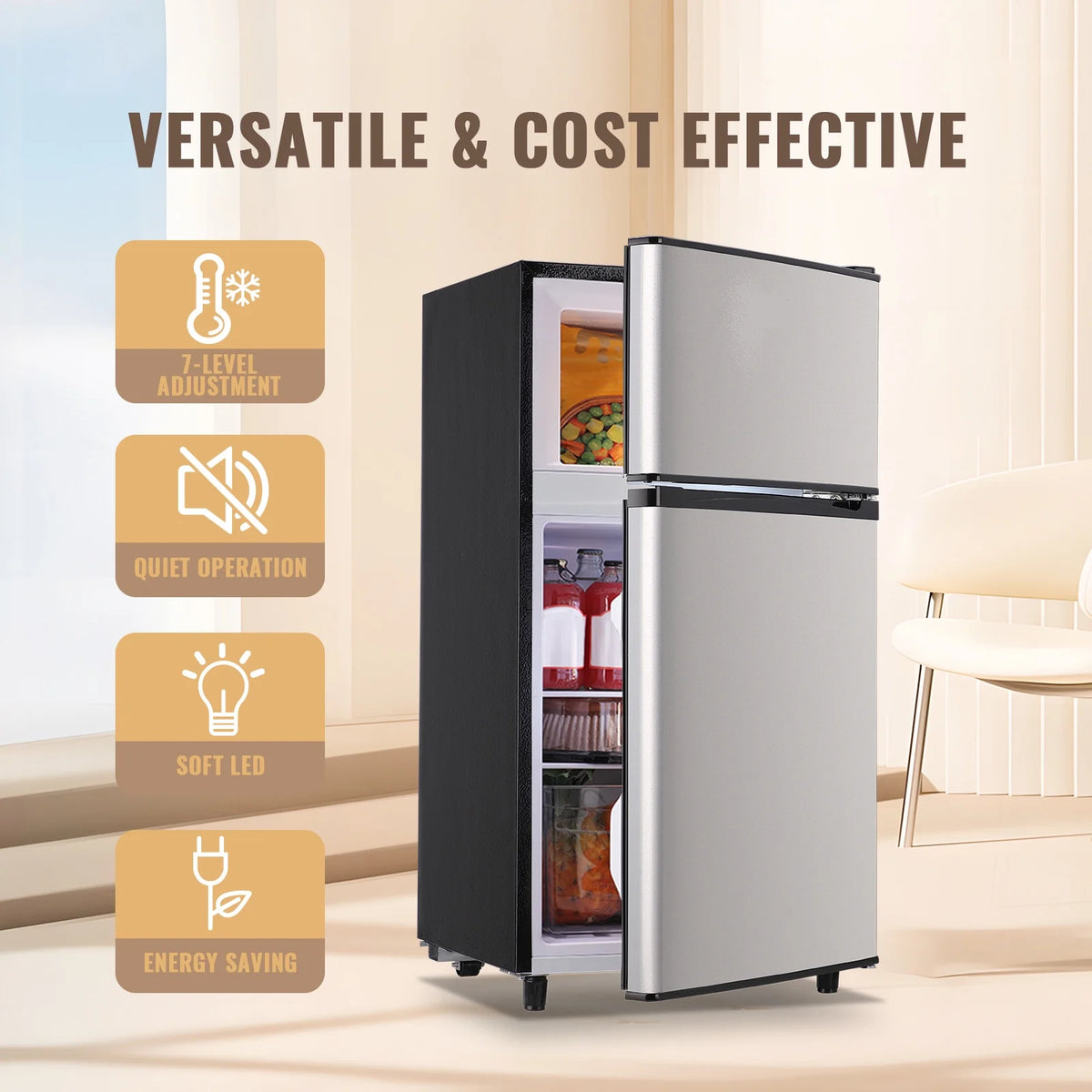 WANAI 3.5 Cu.ft Fridge with Freezer 2 Door Compact Refrigerator Adjustable Thermostat Silver New