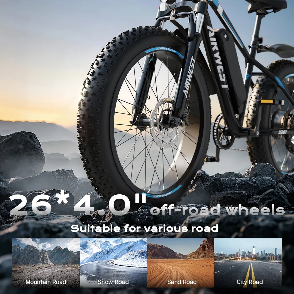 AIRWEST Electric Bike for Adults, Peak 750W Ebikes for Men Women26" Fat Tire Electric Bicycle with 48V 624wh Removable Battery25mph 60miles 7 Speed, Front Suspension Electric Mountain Bike