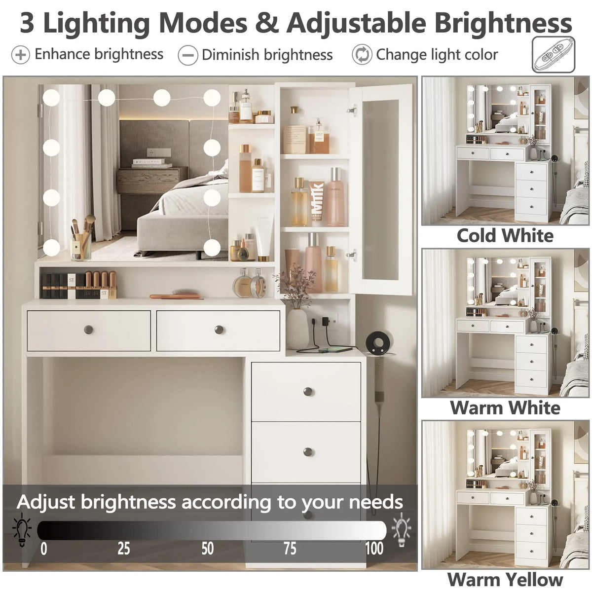 VEANERWOOD Makeup Vanity Desk with Lighted Mirror and Power Strip, Modern Vanity Table with 5 Drawers, White