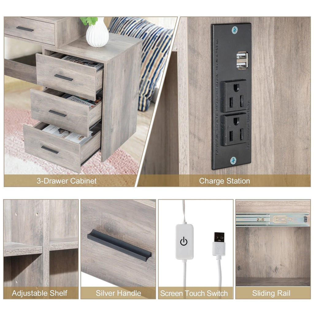 Ktaxon Vanity Set with 3 Color Lighted Mirror & Charging Station, Makeup Table with 3 Storage Shelves & Drawers, Dressing Table Makeup Desk with Stool, Retro Gray