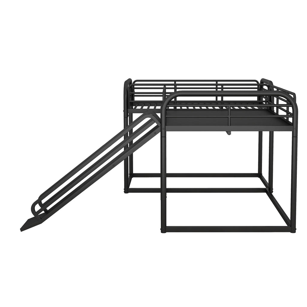 Full and Twin Size L - Shaped Quadruple Metal Bunk Bed with Slide for Kids, Black