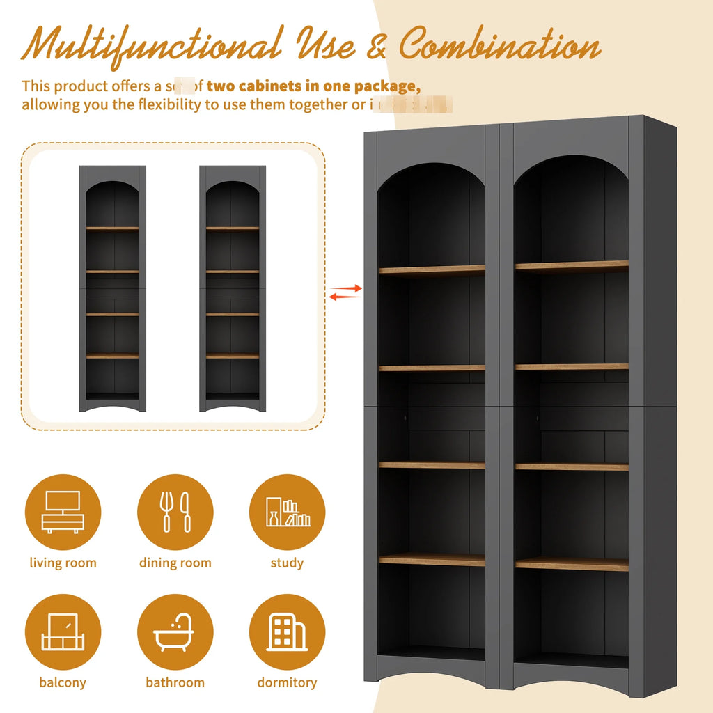 72"h Pantry Pair, 2, Adjustable Shelves, , Black Finish 2 Bookcase, Cabinet with Vintage Style