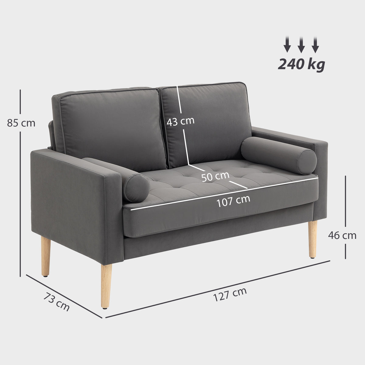 HOMCOM Modernes 2-Sitzer-Sofa aus Samt 127 cm mit dickem Polster, 2 Zierkissen und geknöpfter Sitzfläche, Grau