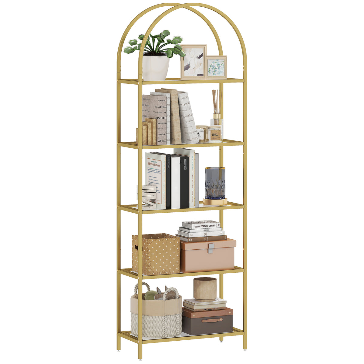 HOMCOM Regal mit 5 Regalen aus Stahl und Gehärtetem Glas, 60x30x175 cm, Gold
