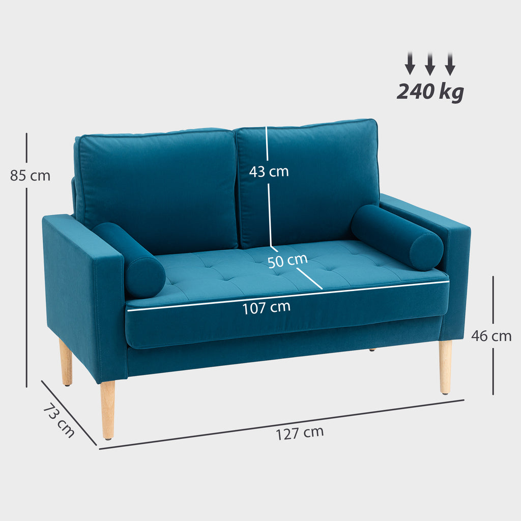 HOMCOM Zweisitzer-Sofa modernes Samtsofa 127 cm mit dickem Polster, 2 Kissen und geknöpfter Sitzfläche, blau