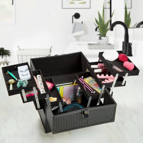 Equate Large Makeup Train Case Cosmetics Organizer, Matte Black, 6 Trays, 8.6" x 11.8" x 9.4"