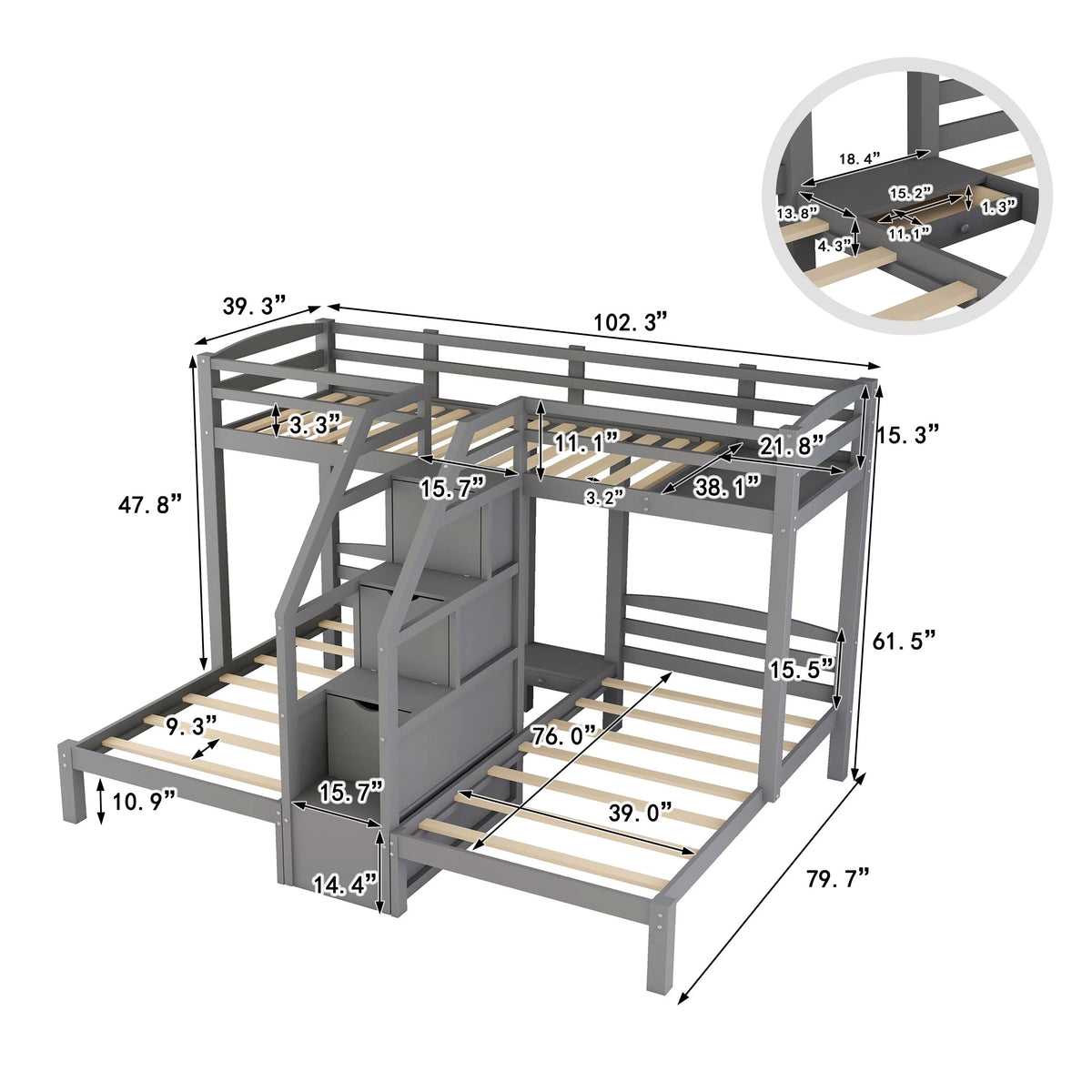 EUROCO Twin Over Twin & Twin Bunk Bed with Staircase and Drawers for Kids Bedroom, 3 - in - 1 Bunk for More Kids, Storage Staircase, Gray
