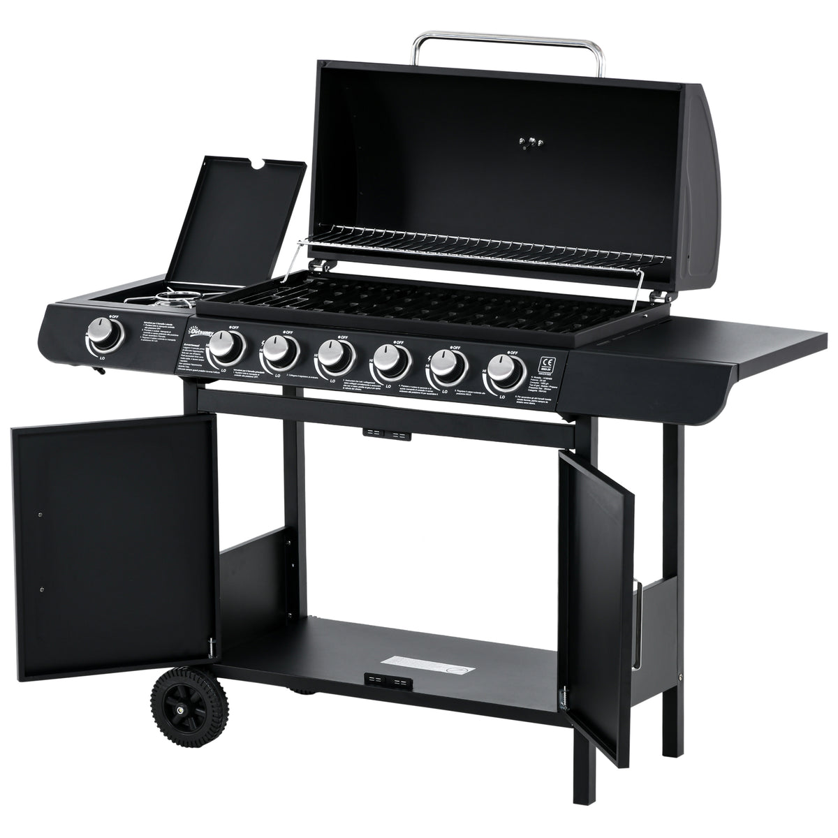 Outsunny Gasgrill mit 7 Brennern, inkl. Thermometer,  BBQ -Grill, mobiler Grill, Schwarz