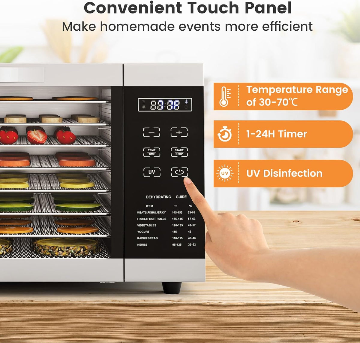 RELAX4LIFE Dörrautomat Edelstahl, Dörrgerät Temperatur einstellbar 30-70℃, Food Dehydrator inkl. 8 Edelstahl-Dörrtabletts, Touch-Display, 24 Std, für Lebensmittel Fleisch Früchte Gemüseo
