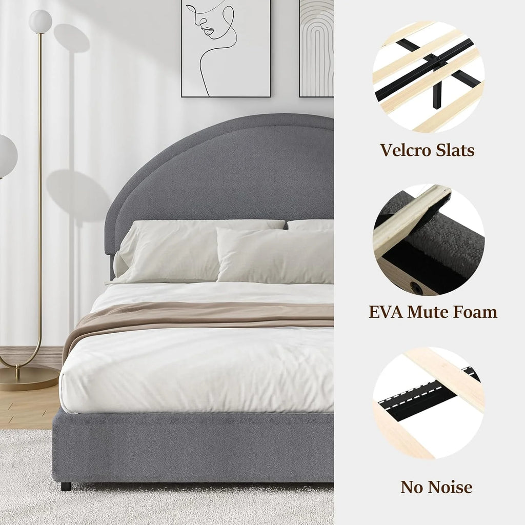 4 EVER WINNER Queen Size Bed Frame, Boucle Upholstered Bed Frame with Headboard, White Queen Bed Frame, White
