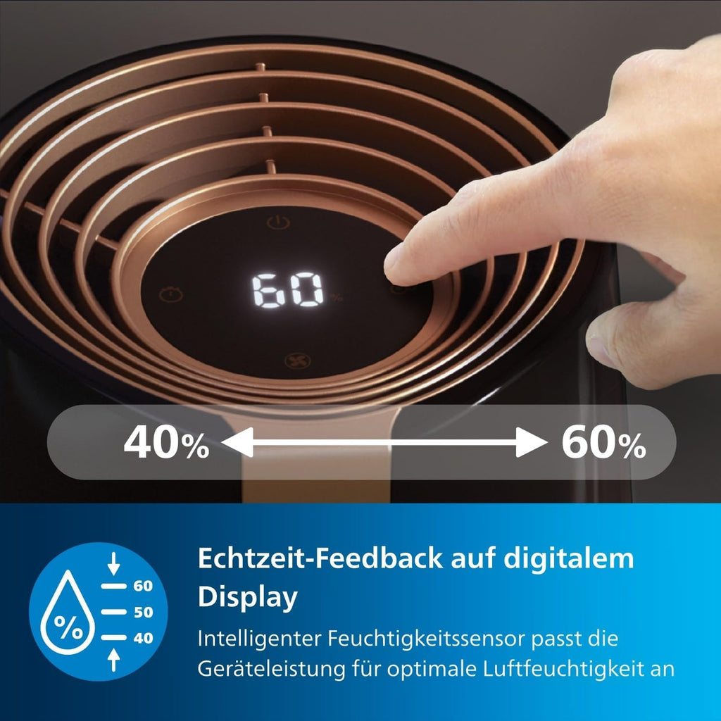 Philips HU3918/10 3000 Series Luftbefeuchter 3L – 99% bakterienreduziert, 45m², 360°, 9h Timer, Schwarz