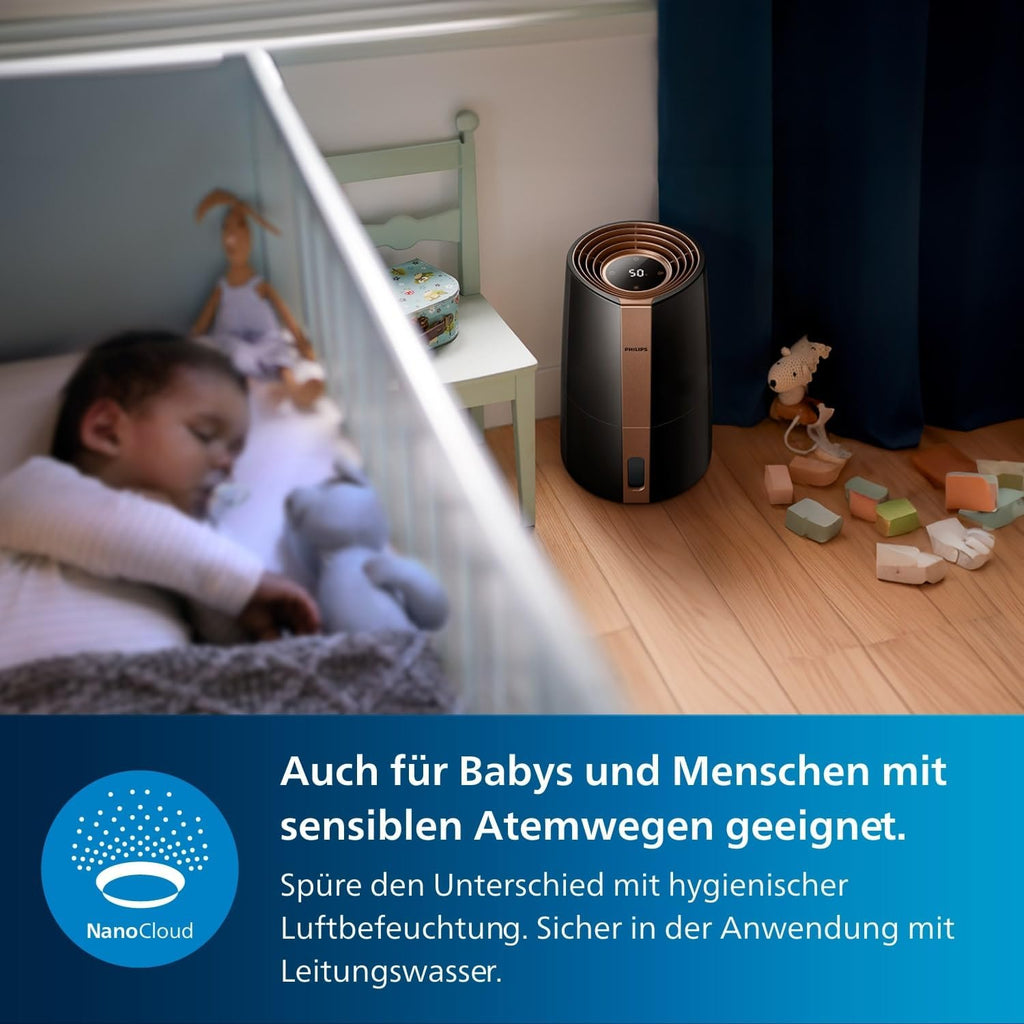 Philips HU3918/10 3000 Series Luftbefeuchter 3L – 99% bakterienreduziert, 45m², 360°, 9h Timer, Schwarz