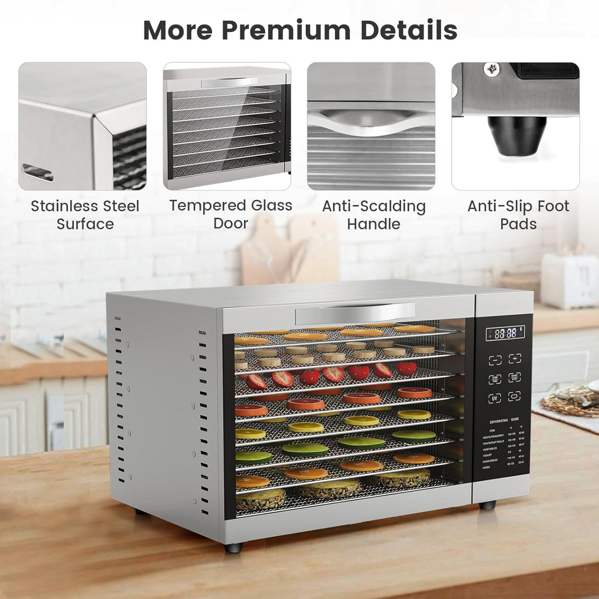 RELAX4LIFE Dörrautomat Edelstahl, Dörrgerät Temperatur einstellbar 30-70℃, Food Dehydrator inkl. 8 Edelstahl-Dörrtabletts, Touch-Display, 24 Std, für Lebensmittel Fleisch Früchte Gemüseo