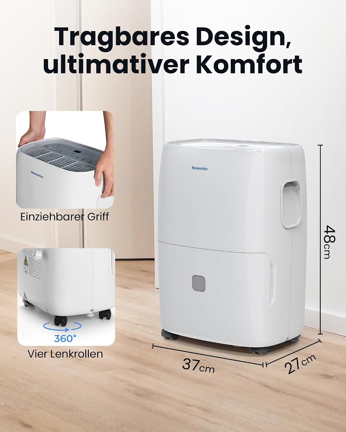Newentor DEA-25L Luftentfeuchter 25L/Tag – 80m², 3,5L Tank, Vollkupfer, 39dB, 330W, 10 Jahre Garantie, Weiß