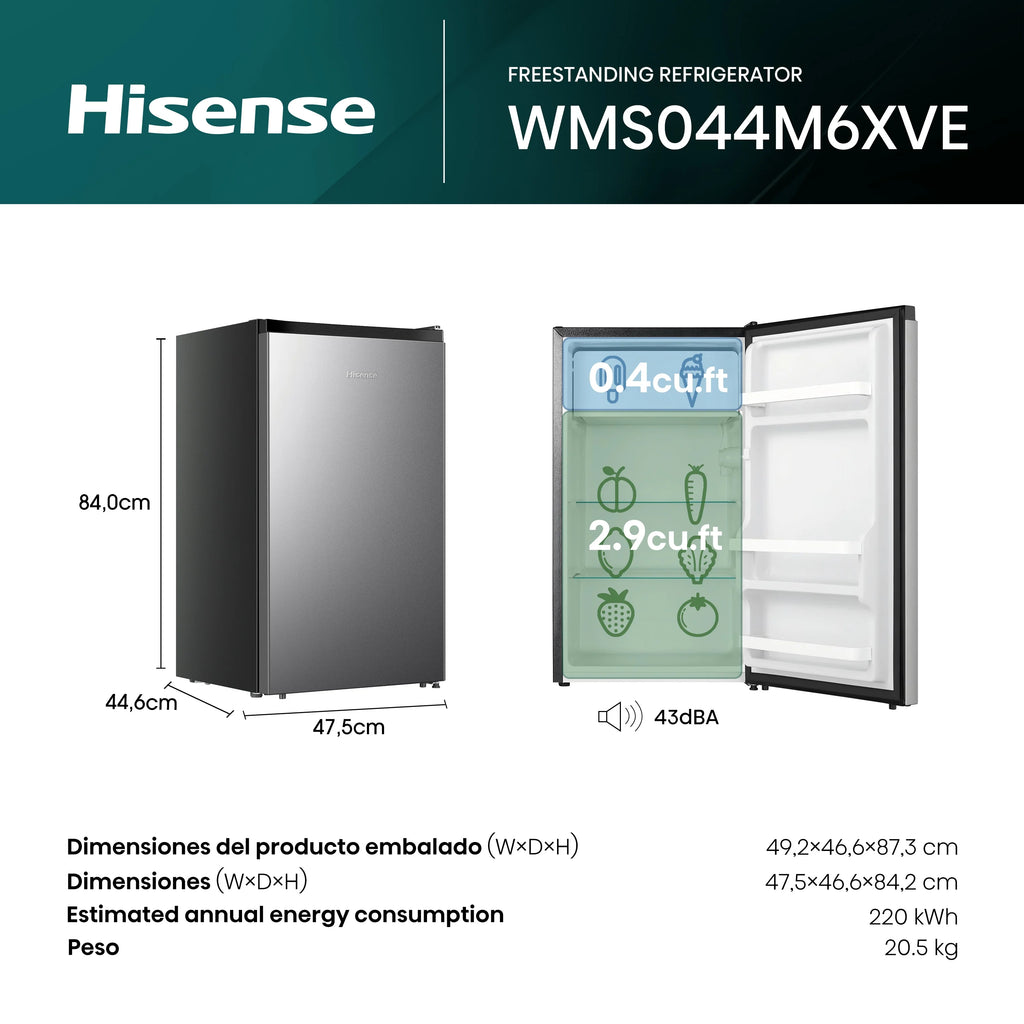 Hisense 4.4 cu ft Single Door Mini Refrigerator, 1 Year Warranty, Energy Star, WMS044M6XVE New