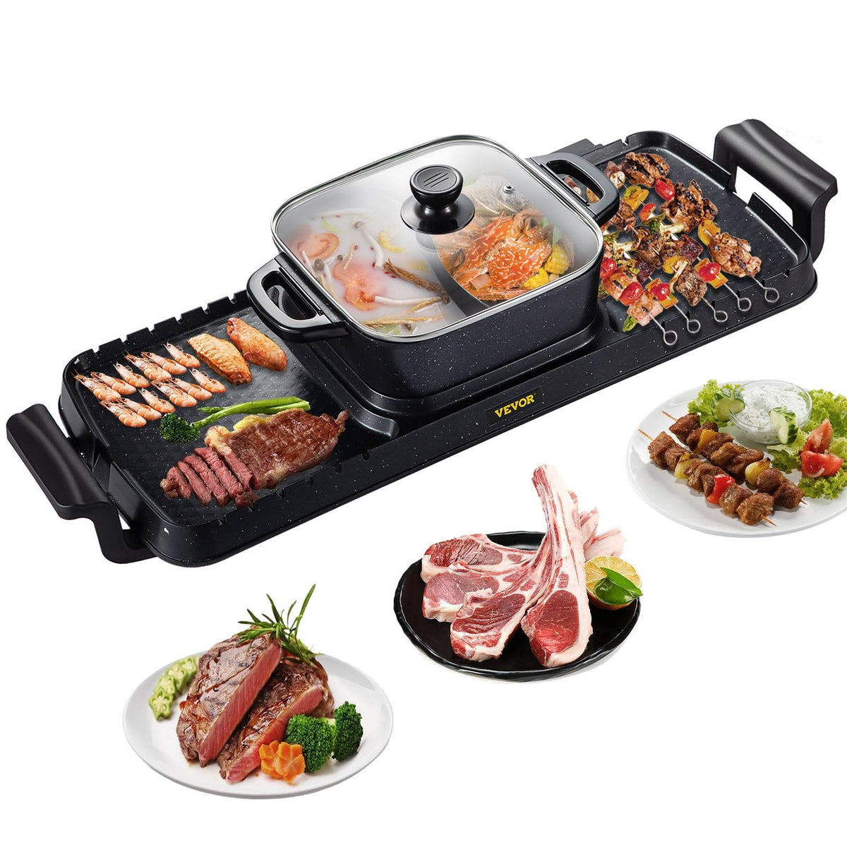 Vevorbrand 2 in 1 Electric Hot Pot and Grill 2400W Smokeless Hot Pot Grill BBQ Hot Pot Black