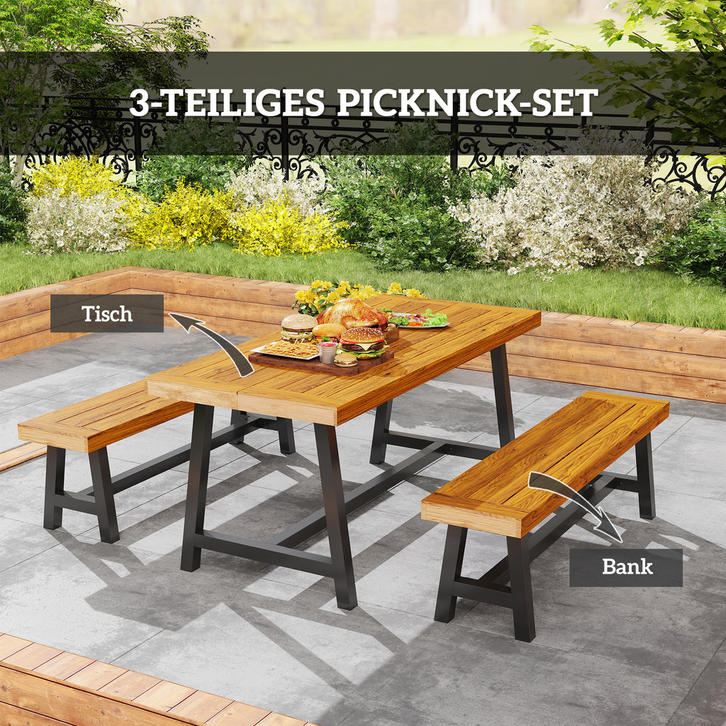 Outsunny Sitzgruppe 3-teilig Holz Essgruppe für 4 Personen Esstisch mit 2 Bänke Teak