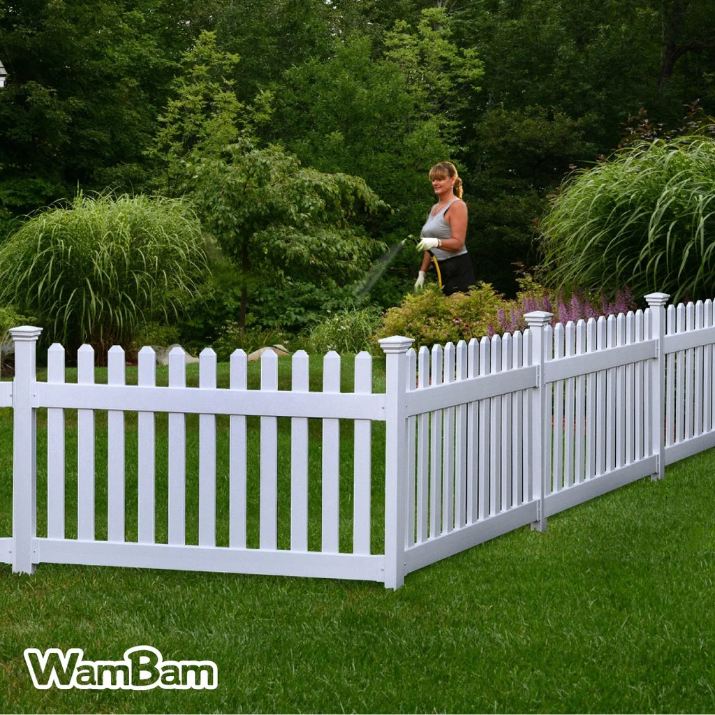 3ft H x 6ft W (1 Panel + 1 Post) No Dig Wambam Newport Fence Kit, White Vinyl Picket Fence, Easy Install Outdoor Fence for Backyard or Patio, DIY Decorative Fencing, ZP19002