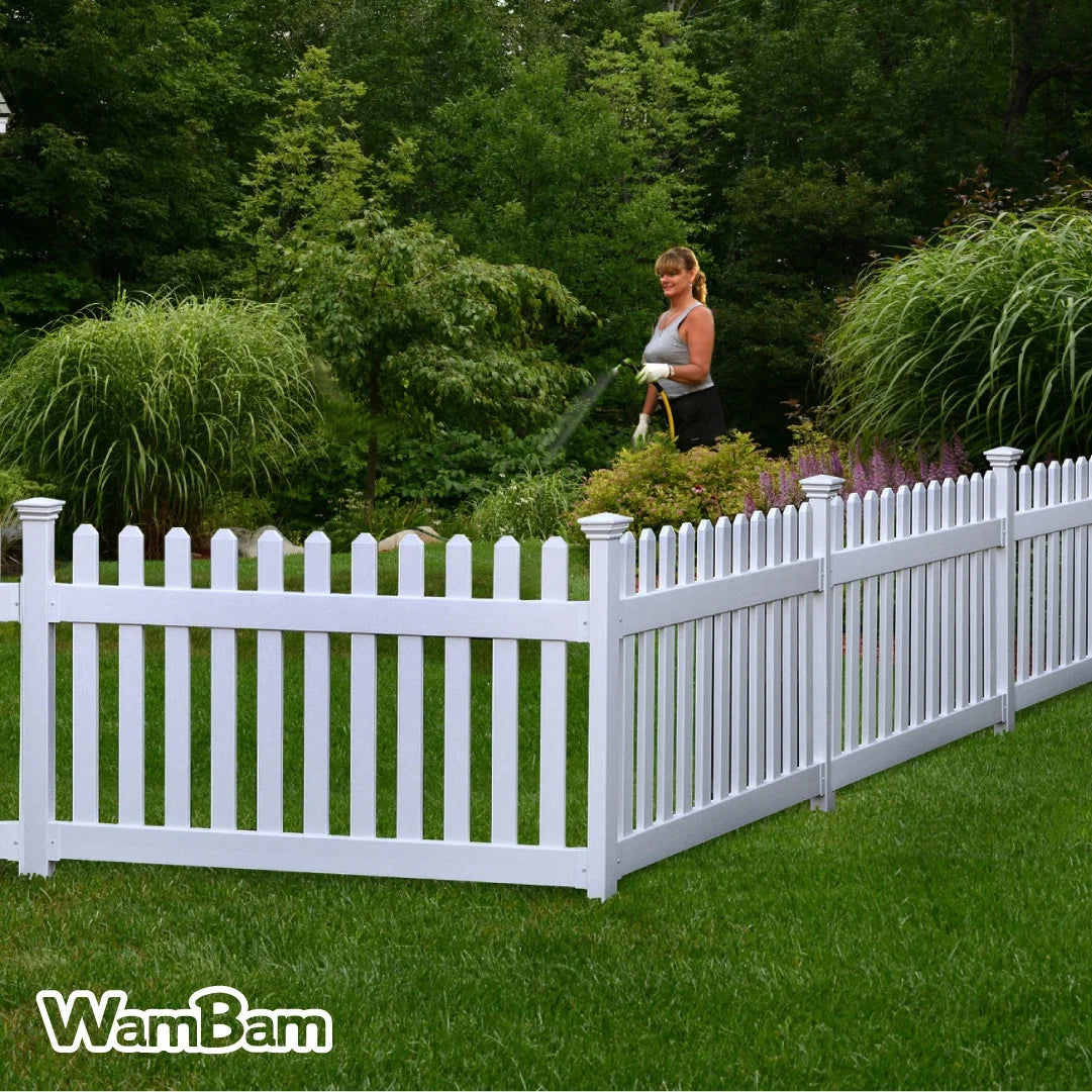 3ft H x 6ft W (1 Panel + 1 Post) No Dig Wambam Newport Fence Kit, White Vinyl Picket Fence, Easy Install Outdoor Fence for Backyard or Patio, DIY Decorative Fencing, ZP19002