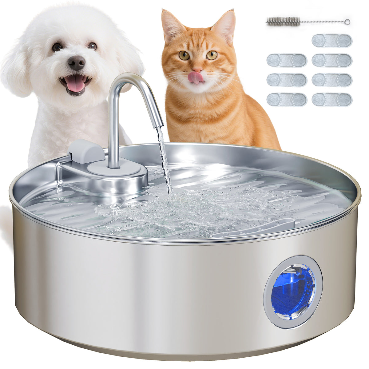 PawHut Katzenbrunnen 7L mit LED-Licht und Dreifachfiltration, aus Edelstahl 304, 30,5x31,2x19,3 cm, Silber
