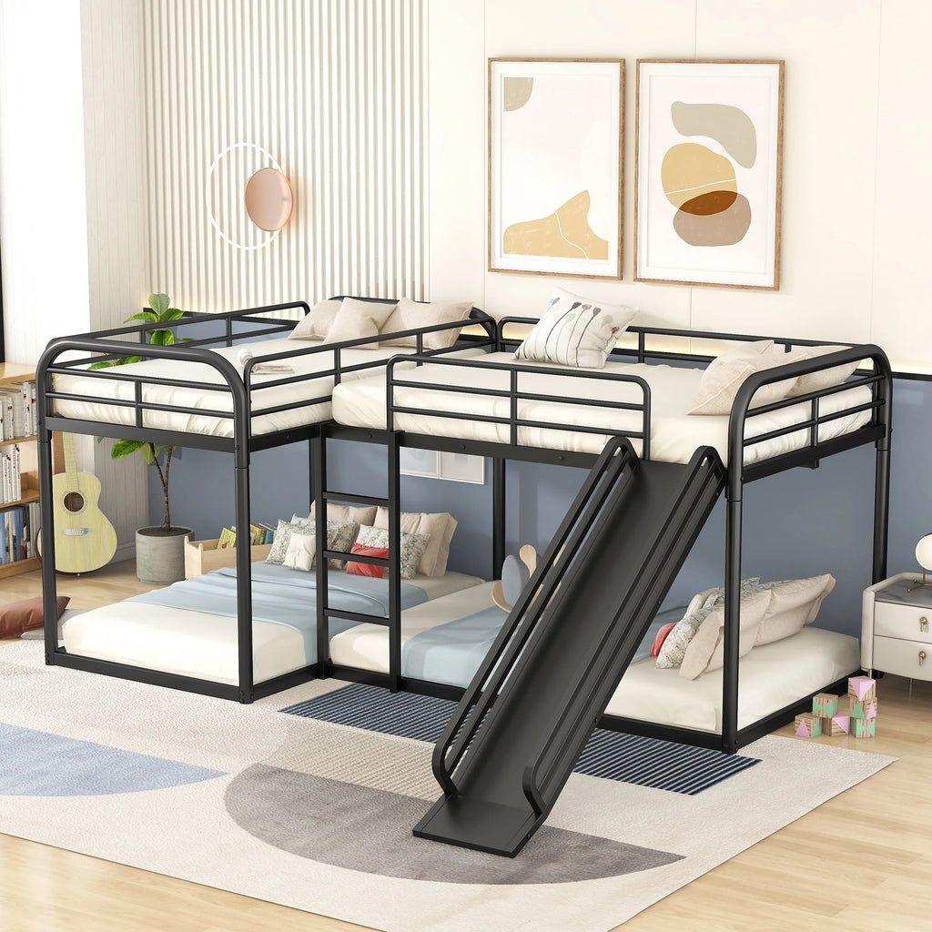 Full and Twin Size L - Shaped Quadruple Metal Bunk Bed with Slide for Kids, Black