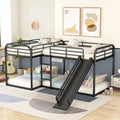 Full and Twin Size L - Shaped Quadruple Metal Bunk Bed with Slide for Kids, Black