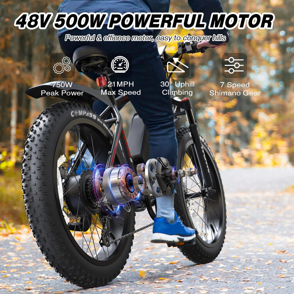 AIRWEST Electric Bike for Adults, Peak 750W Ebikes for Men Women26" Fat Tire Electric Bicycle with 48V 624wh Removable Battery25mph 60miles 7 Speed, Front Suspension Electric Mountain Bike