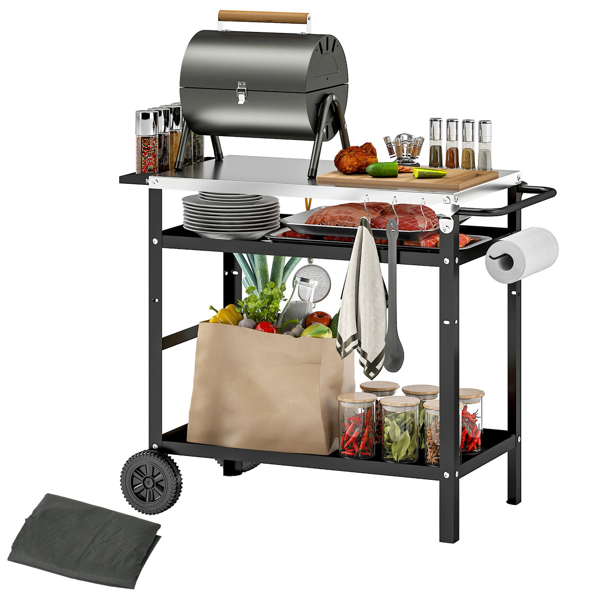 Outsunny Grillwagen 3-Etagen Servierwagen mit Arbeitsfläche Griffe Hülle Räder, BBQ Grilltisch Edelstahl 100x52x80cm Schwarz