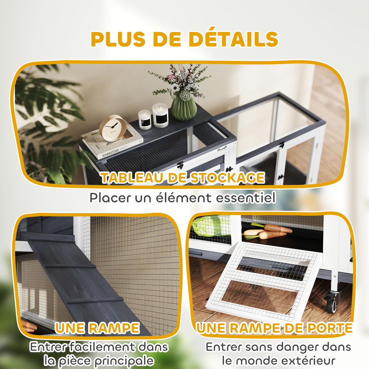 PawHut Kaninchenstall aus Massivholz 2 Etagen mit Rollen, 3 Tabletts, für 2-3 Kaninchen, 147 x 45 x 89,5cm, Grau
