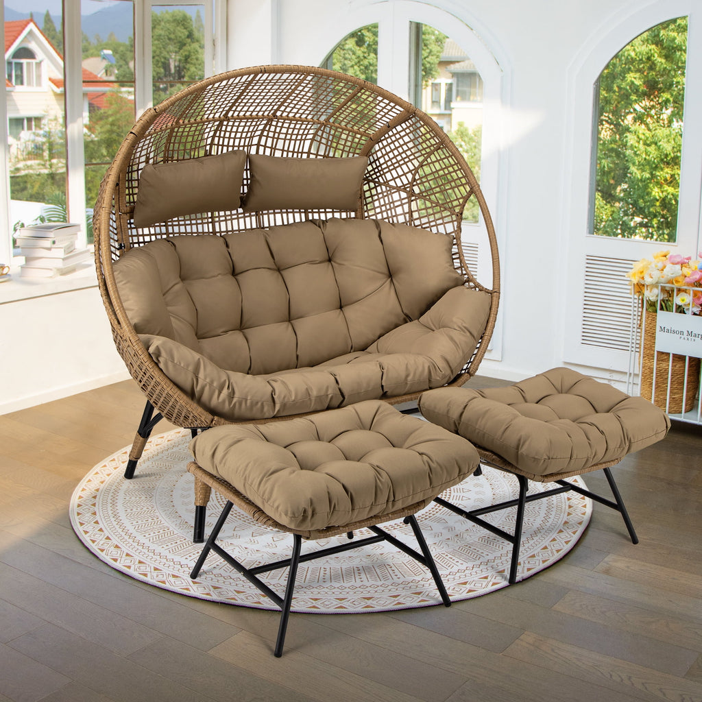 RADIATA 440 lb Outdoor Egg Chair with Foot Rest & Ottoman, Wicker Patio Egg Chair for Indoor or Garden, Beige
