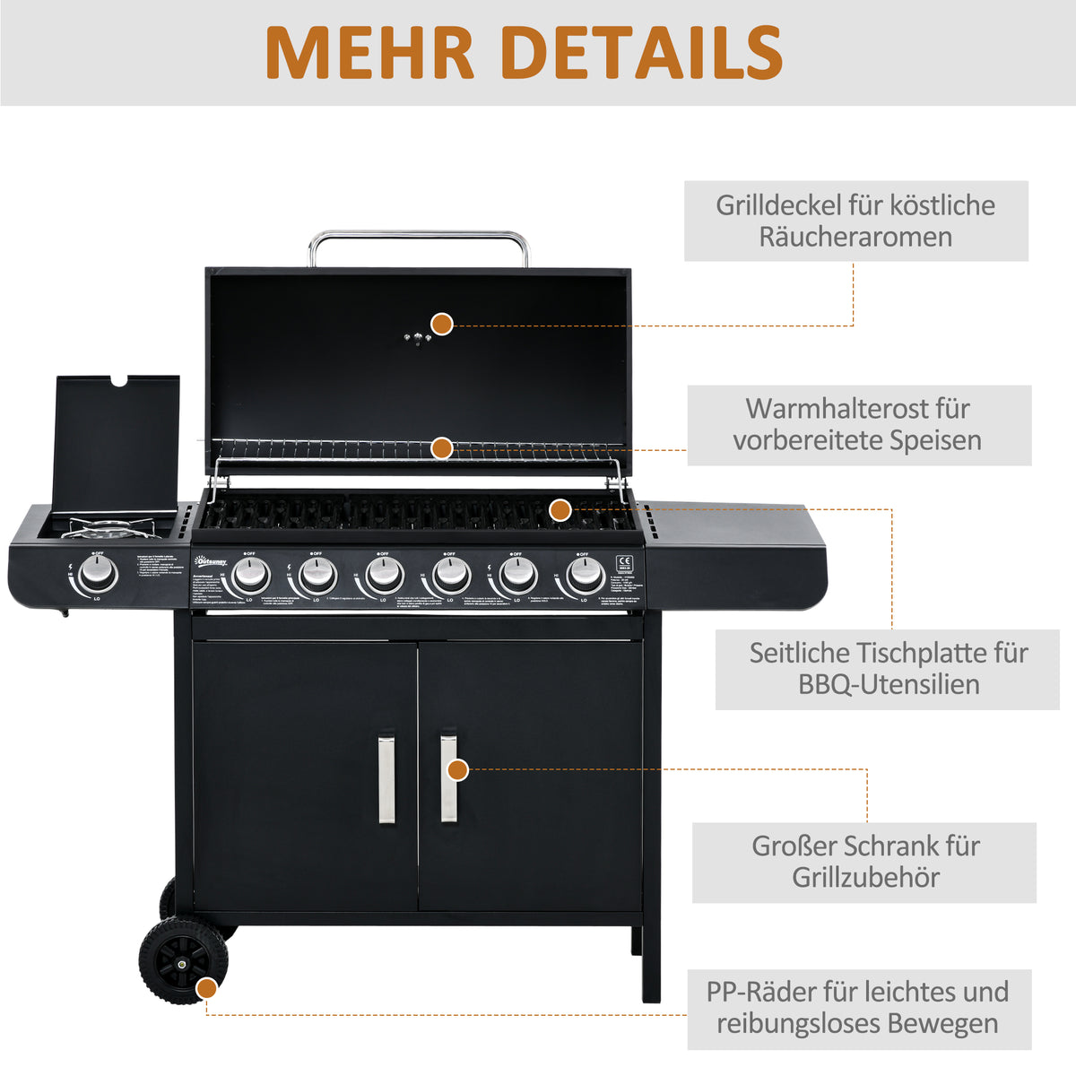 Outsunny Gasgrill mit 7 Brennern, inkl. Thermometer,  BBQ -Grill, mobiler Grill, Schwarz