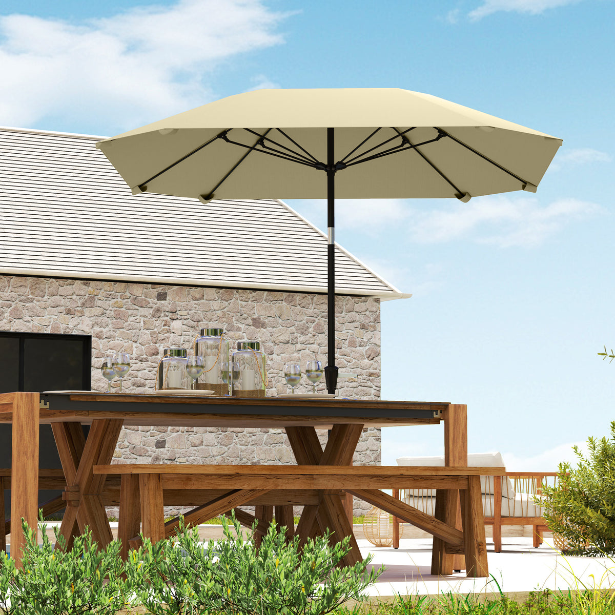 Outsunny 2,3 m Sonnenschirm ohne Basis, Verstellbarer Terrassenschirm mit Kurbel, Polyester, Aluminium, Fiberglas, Beige