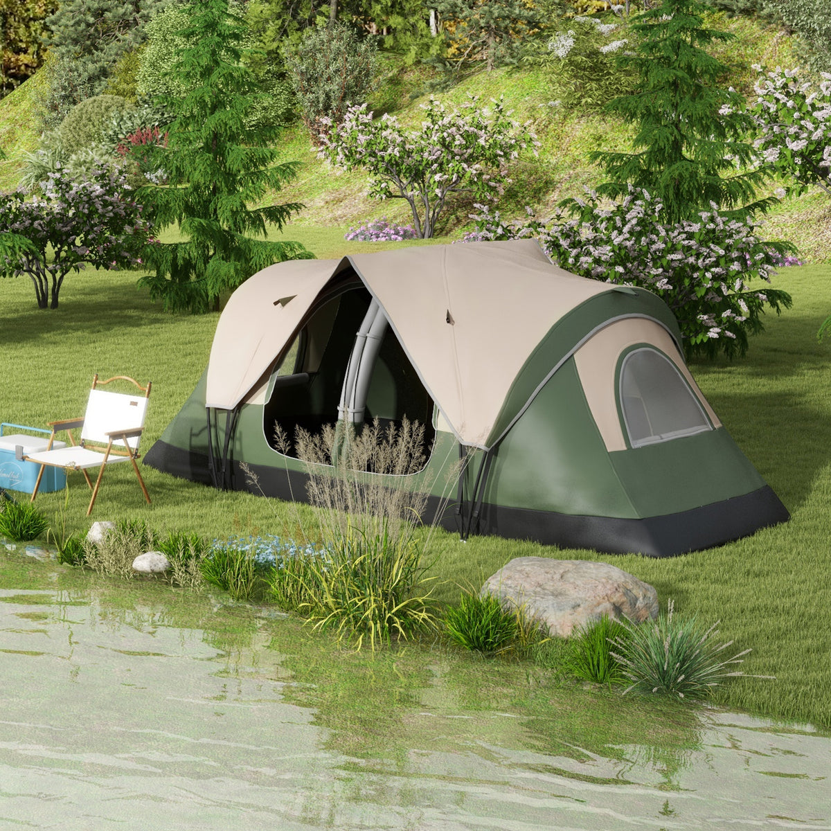 Outsunny Campingzelt, 2 Räume, Trennwand, für 6-8 Personen, Regenschutz, Dunkelgrün