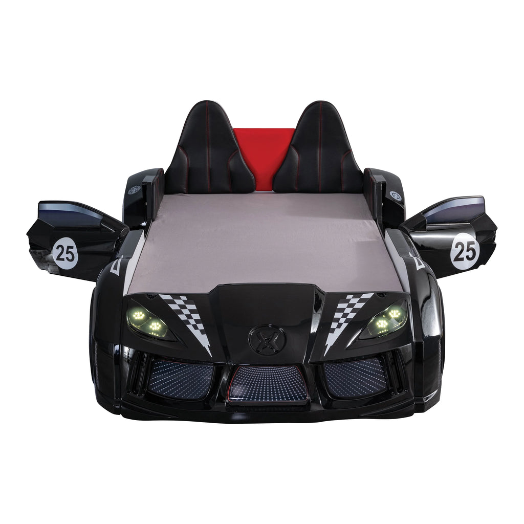 Furniture of America Dash Kids Plastic Twin Race Car Bed with LED and Sound, White