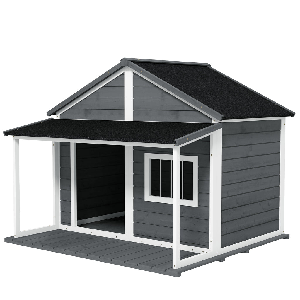 PawHut Hundehütte Outdoor-Hundehütte, inkl. Veranda, wetterbeständig, 124 cm x 112 cm x 105 cm, Grau + Weiß