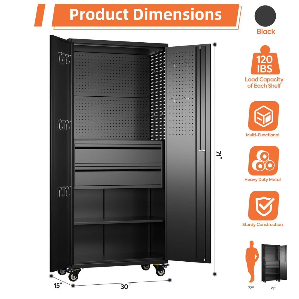 Aobabo Metal Storage Cabinet with Lock, Garage Storage Cabinet with Wheels, 72in Steel Storage Cabinet for Garage Home Storage, Black Required - Assembly