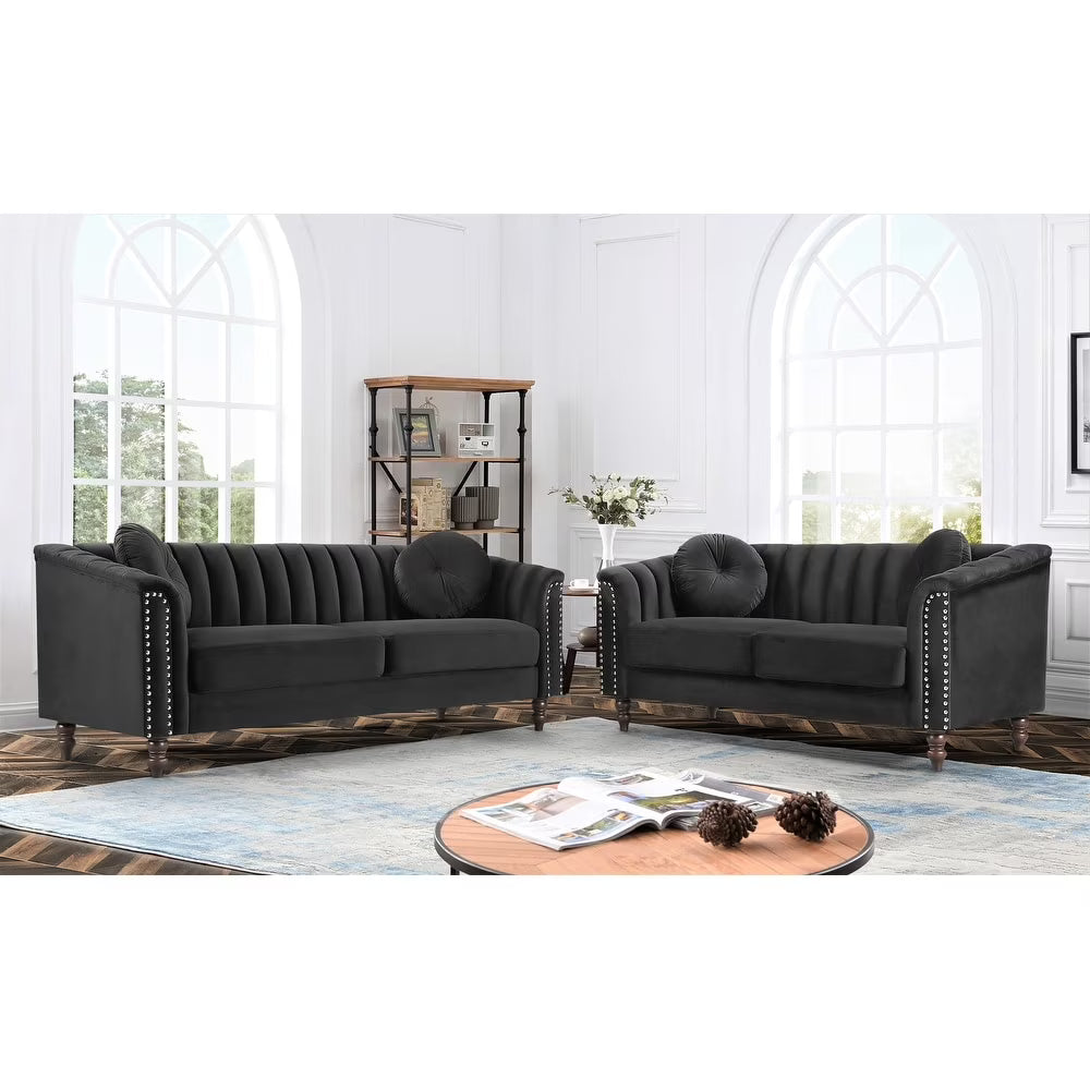 Uspridefurniture Hills Tufted Back 2pcs Living Room Set, Black Velvet