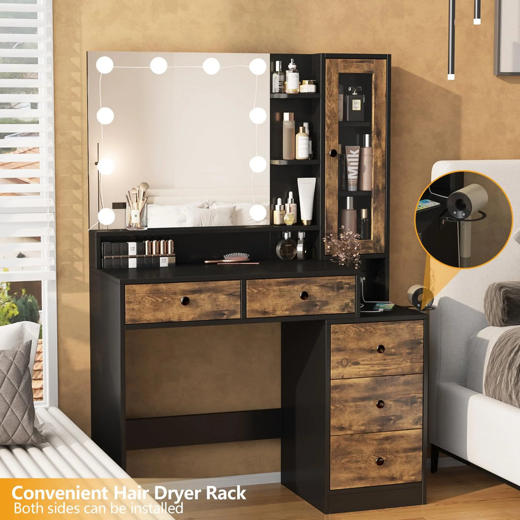 VEANERWOOD Makeup Vanity Desk with Lighted Mirror and Power Strip, Modern Vanity Table with 5 Drawers, White