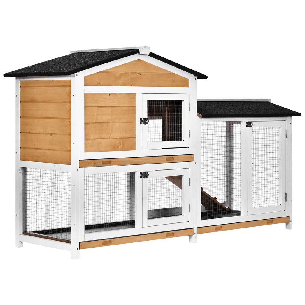 PawHut Kaninchenstall aus Holz mit Häuschen, Rampe und Umzäuntem Freigehege, Gelb und Schwarz