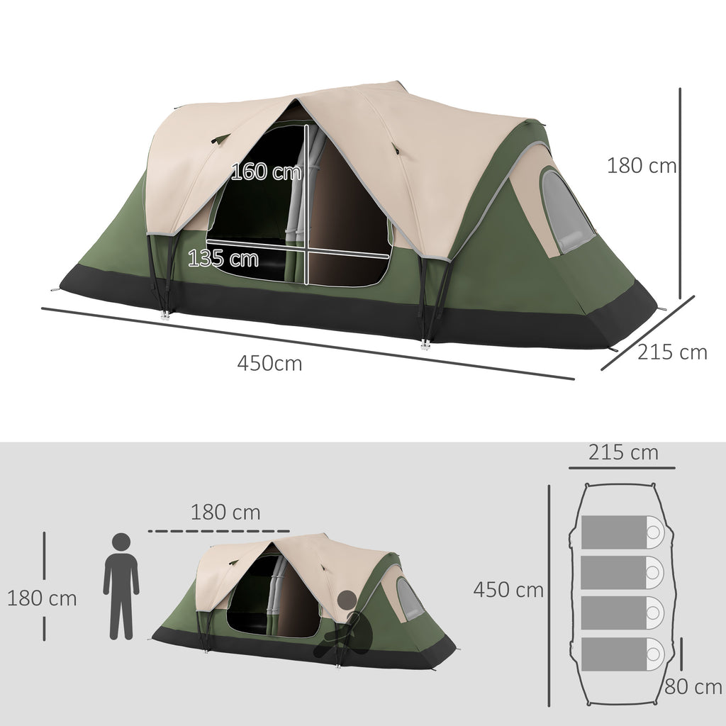 Outsunny Campingzelt, 2 Räume, Trennwand, für 6-8 Personen, Regenschutz, Dunkelgrün
