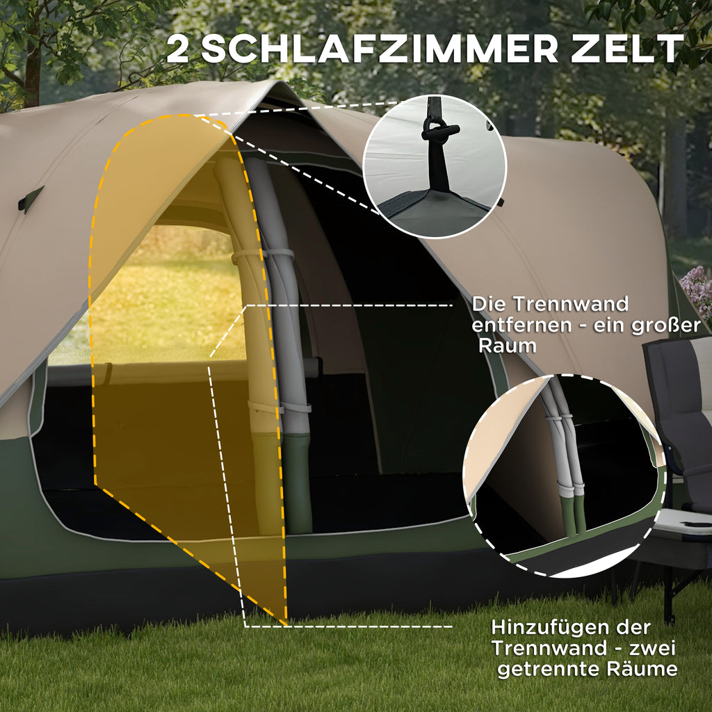 Outsunny Campingzelt, 2 Räume, Trennwand, für 6-8 Personen, Regenschutz, Dunkelgrün