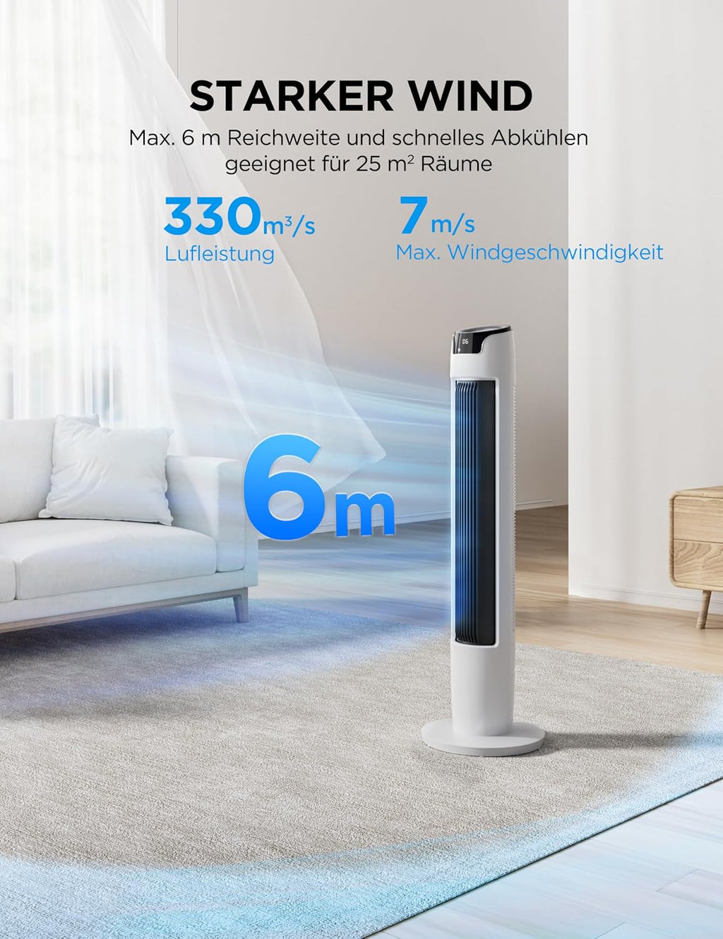 Midea FZ10-16AR Turmventilator 111cm – 6 Stufen, 3 Modi, 32dB, 60° Oszillation, 12h Timer, Weiß