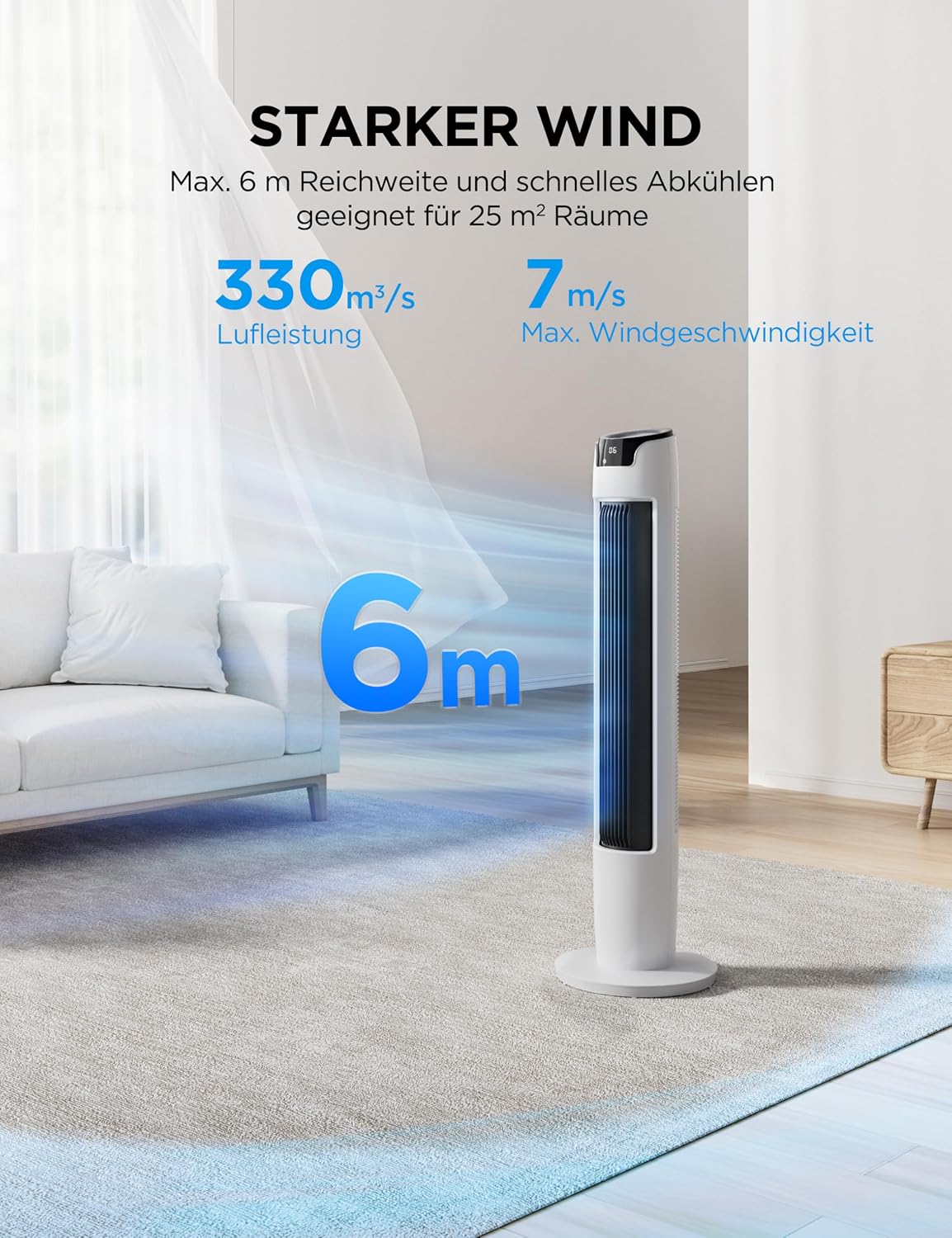Midea FZ10-16AR Turmventilator 111cm – 6 Stufen, 3 Modi, 32dB, 60° Oszillation, 12h Timer, Weiß